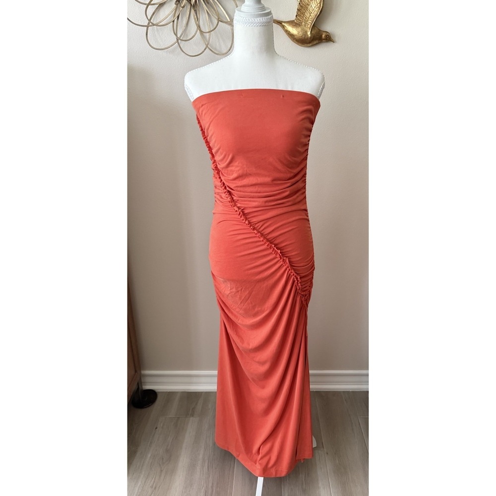 Anthro Gabbie Strapless Ruched Tube Dress Orange Coral Midi M